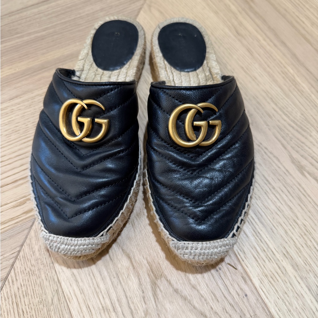 Gucci Black Leather Quilted Gg Espadrille Mule With Gold Hardware